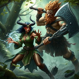 A dynamic scene featuring a female Tiefling druid and a male barbarian druid locked in an epic battle