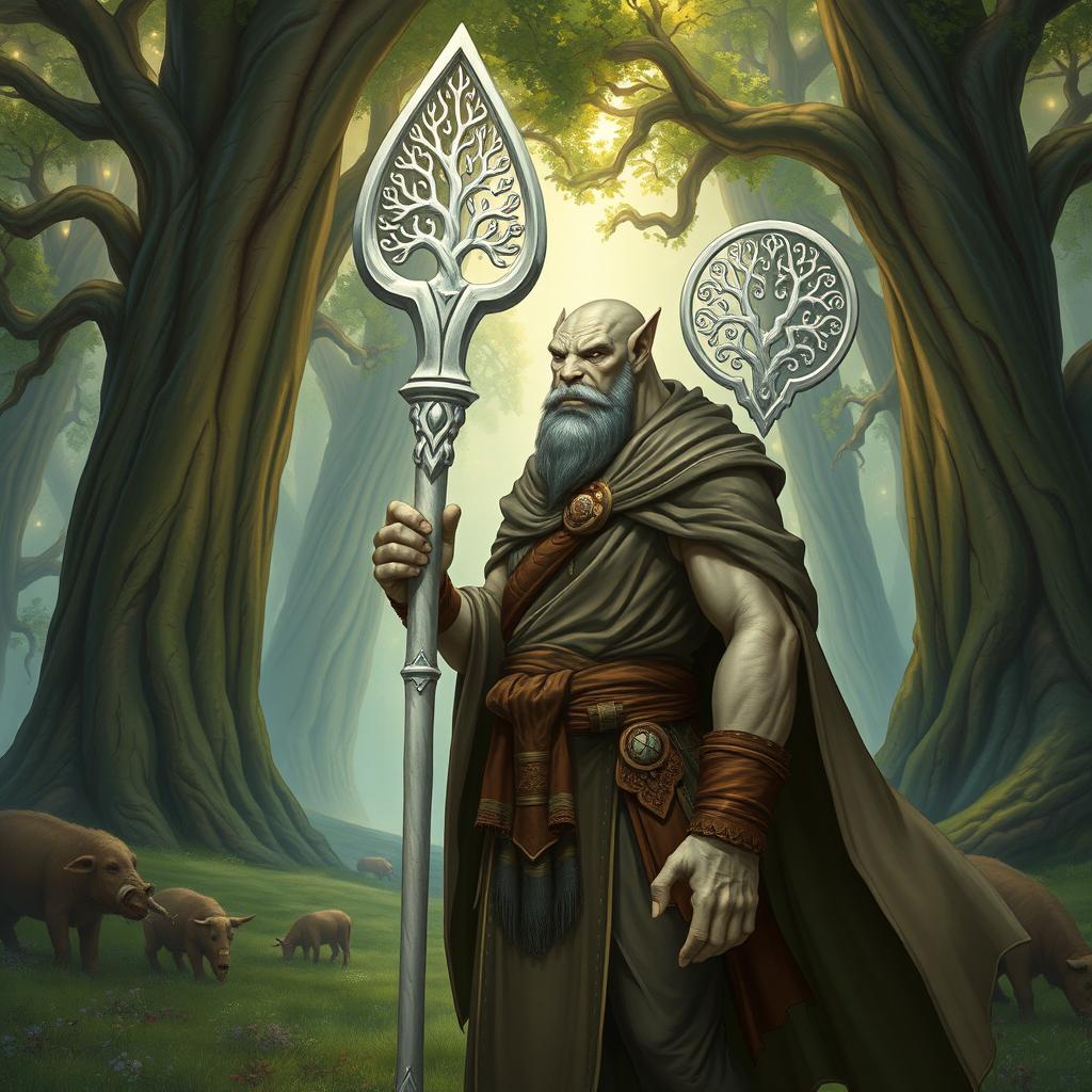 A detailed illustration of a male Loxodon character from Dungeons and Dragons, embodying the role of a Druid