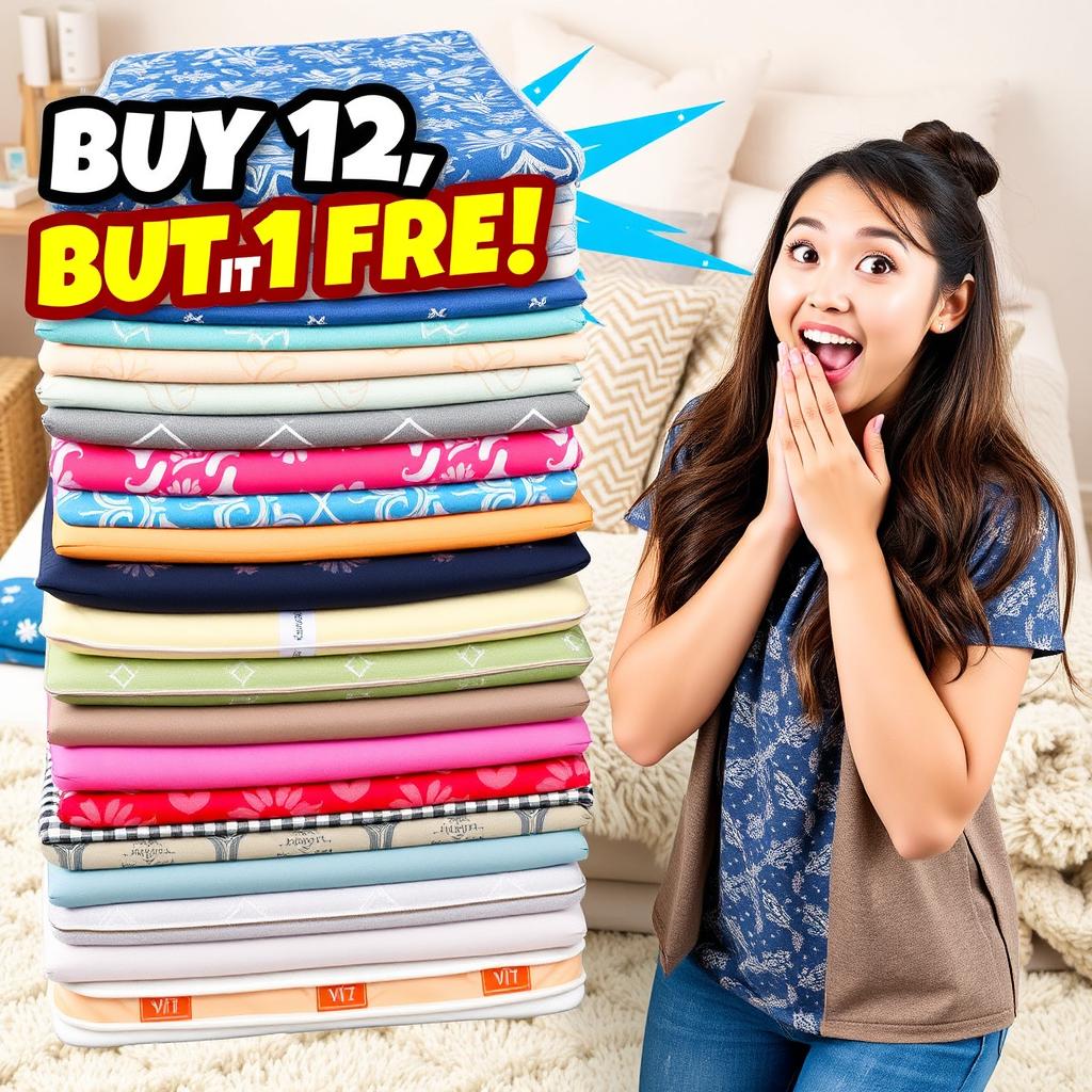 A vibrant and captivating advertisement for a special promotion on sleeping mats, featuring a surprised and delighted young woman