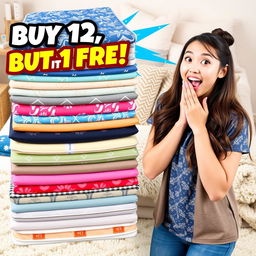 A vibrant and captivating advertisement for a special promotion on sleeping mats, featuring a surprised and delighted young woman