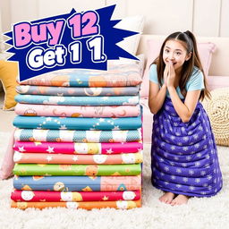 A vibrant and captivating advertisement for a special promotion on sleeping mats, featuring a surprised and delighted young woman