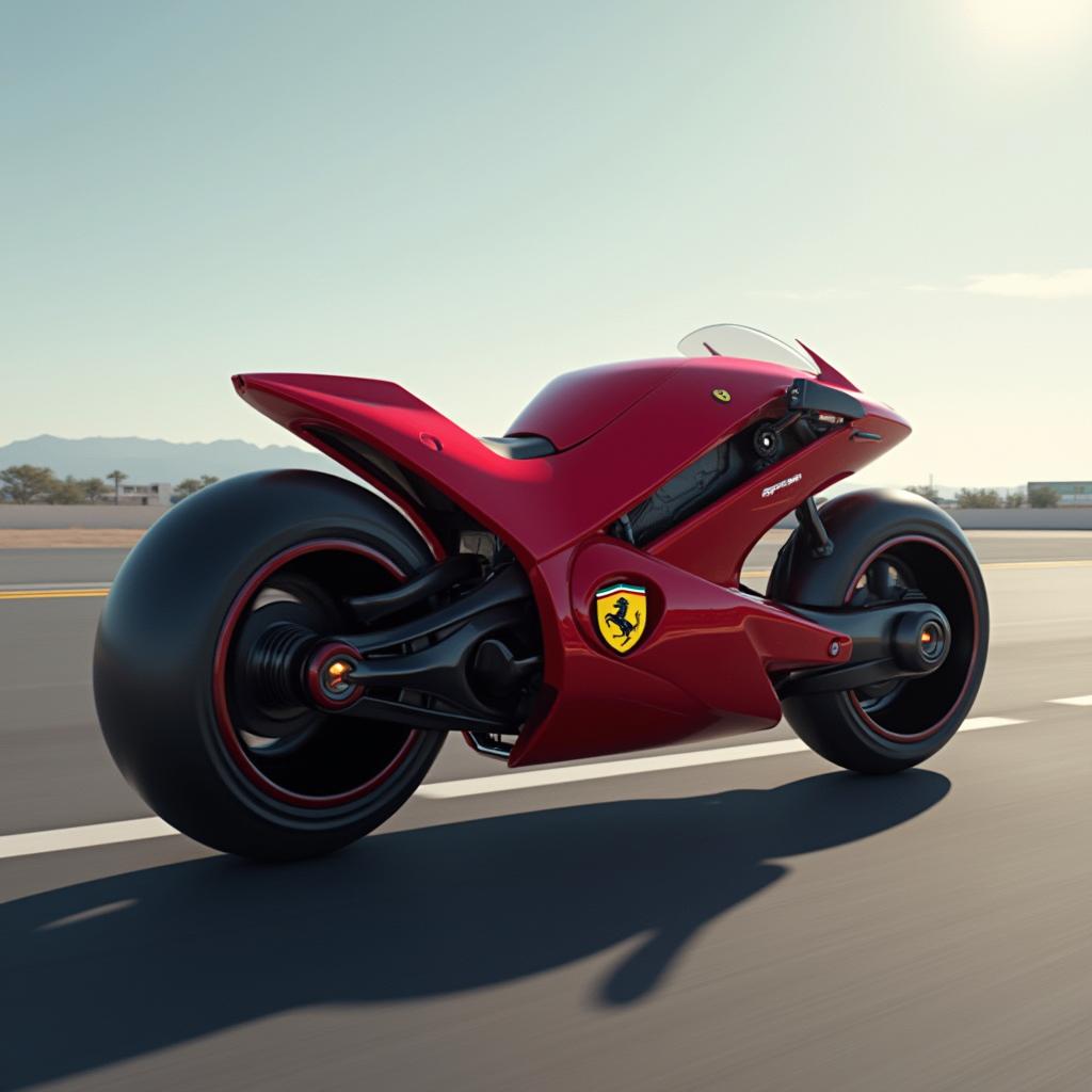 A futuristic and sleek conceptual design of a Ferrari motorcycle, blending the iconic features of Ferrari sports cars with the agility of a high-performance motorcycle