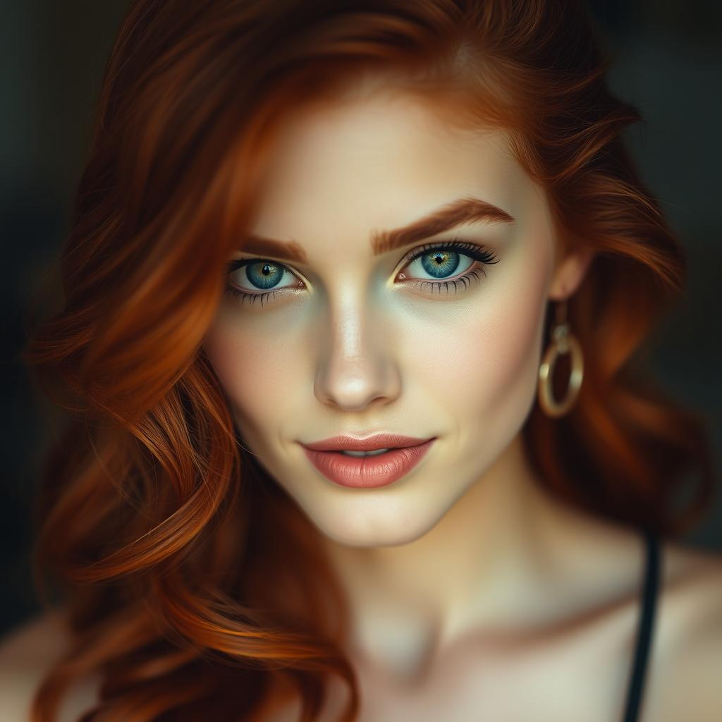 Portrait of a young woman with vibrant red hair and captivating green eyes, exuding elegance and confidence