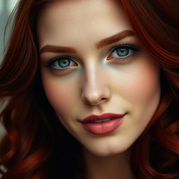 Portrait of a young woman with vibrant red hair and captivating green eyes, exuding elegance and confidence