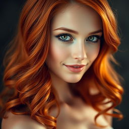 Portrait of a young woman with vibrant red hair and captivating green eyes, exuding elegance and confidence