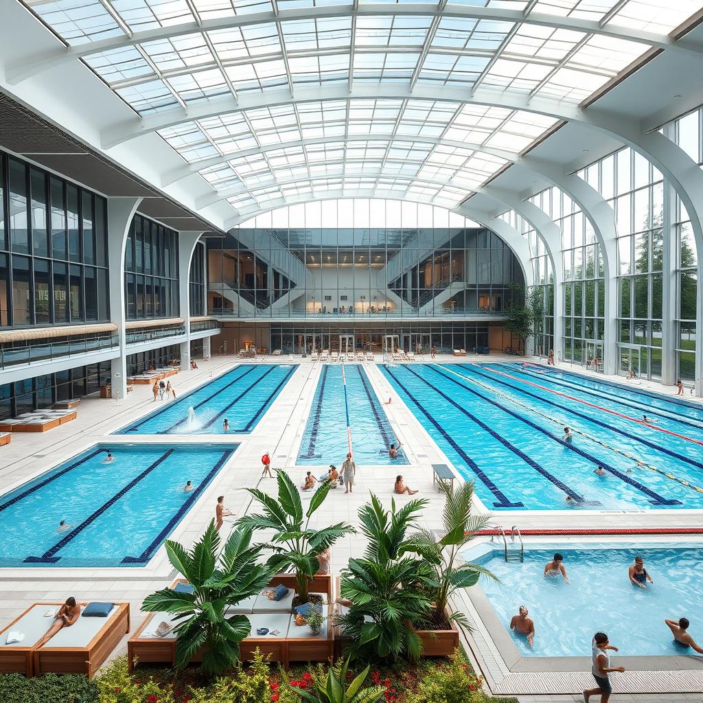 a modern aquatic center with multiple indoor swimming pools, sleek architectural design, large glass windows allowing natural light to flood the interior, various pool sizes, including an Olympic-sized pool, recreational pools, and a children's splash area, elegant lounge areas with comfortable seating, tropical plants arranged aesthetically around the poolside, swimmers practicing in the lanes, and families enjoying different water activities