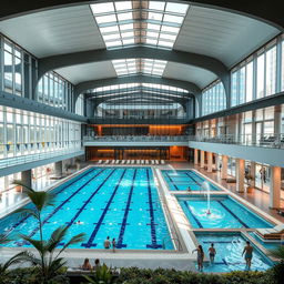 a modern aquatic center with multiple indoor swimming pools, sleek architectural design, large glass windows allowing natural light to flood the interior, various pool sizes, including an Olympic-sized pool, recreational pools, and a children's splash area, elegant lounge areas with comfortable seating, tropical plants arranged aesthetically around the poolside, swimmers practicing in the lanes, and families enjoying different water activities