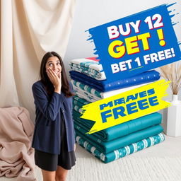 A captivating advertisement for a special promotion with a young woman looking pleasantly surprised by an incredible deal