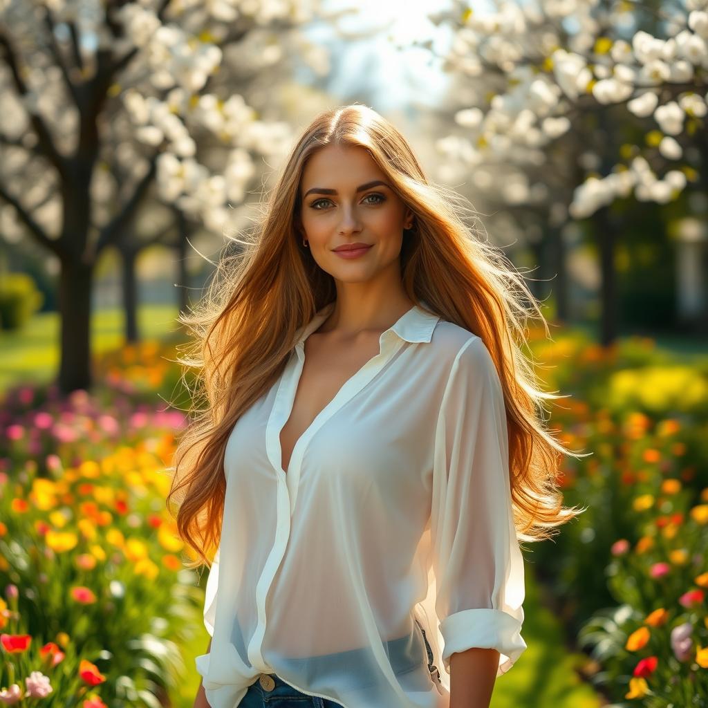 A confident woman with long, flowing hair stands proudly, wearing a flowing white blouse that is tastefully sheer, highlighting her natural form without overt nudity