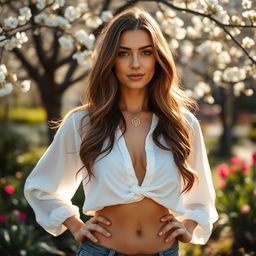 A confident woman with long, flowing hair stands proudly, wearing a flowing white blouse that is tastefully sheer, highlighting her natural form without overt nudity