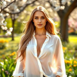 A confident woman with long, flowing hair stands proudly, wearing a flowing white blouse that is tastefully sheer, highlighting her natural form without overt nudity