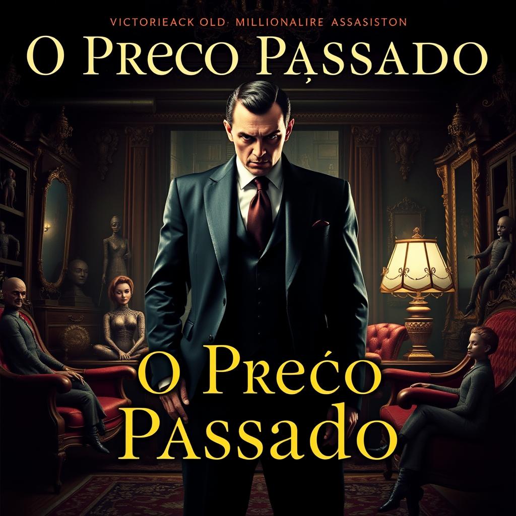 A captivating book cover for "O Preço Passado," depicting Victor Blackwood, a 45-year-old millionaire assassin, standing mysteriously in a luxurious office adorned with elegant furniture, surrounded by eerie yet exquisite dolls