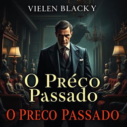 A captivating book cover for "O Preço Passado," depicting Victor Blackwood, a 45-year-old millionaire assassin, standing mysteriously in a luxurious office adorned with elegant furniture, surrounded by eerie yet exquisite dolls