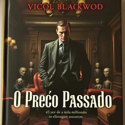 A captivating book cover for "O Preço Passado," depicting Victor Blackwood, a 45-year-old millionaire assassin, standing mysteriously in a luxurious office adorned with elegant furniture, surrounded by eerie yet exquisite dolls