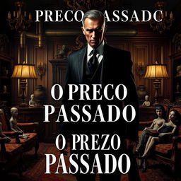 A captivating book cover for "O Preço Passado," depicting Victor Blackwood, a 45-year-old millionaire assassin, standing mysteriously in a luxurious office adorned with elegant furniture, surrounded by eerie yet exquisite dolls