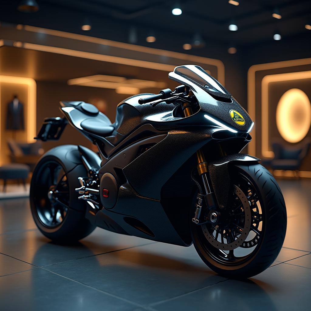 A concept image illustrating Lotus releasing a futuristic motorcycle, embodying the brand's signature sleek and aerodynamic design