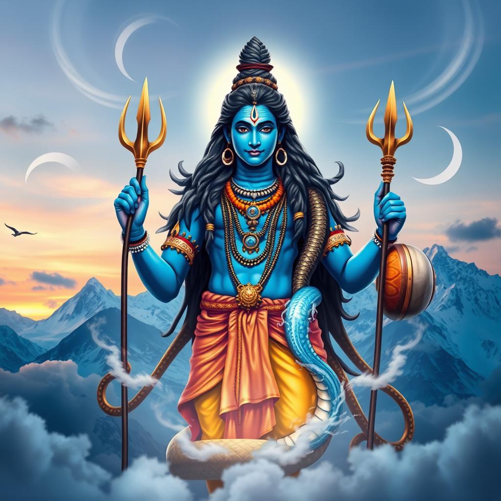 A majestic and powerful image of Lord Shiva, also known as Mahadeva, depicted in a celestial setting