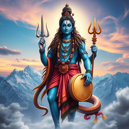 A majestic and powerful image of Lord Shiva, also known as Mahadeva, depicted in a celestial setting