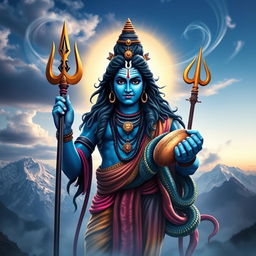 A majestic and powerful image of Lord Shiva, also known as Mahadeva, depicted in a celestial setting