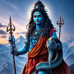 A majestic and powerful image of Lord Shiva, also known as Mahadeva, depicted in a celestial setting