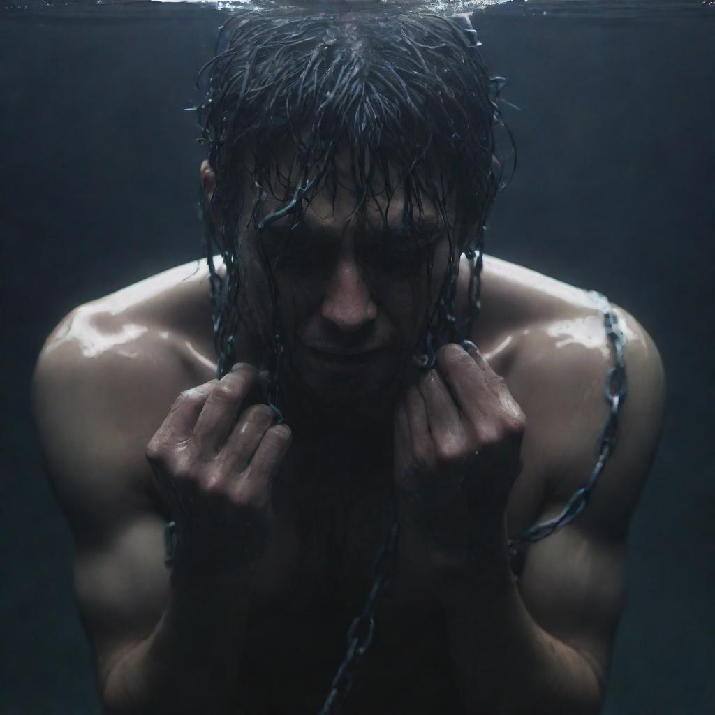 Anime-style man crying, his hand entwined with chains, submerged in deep, dark, murky water, light filtering through the water's surface.