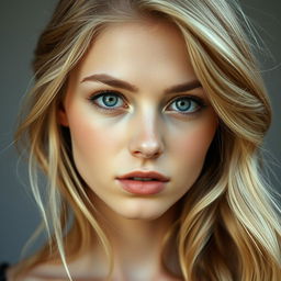 Portrait d'une jeune femme aux cheveux blond doré et aux yeux gris perçants, dégageant une aura de douceur et de mystère