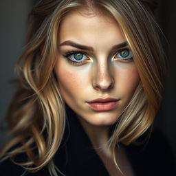 Portrait d'une jeune femme aux cheveux blond doré et aux yeux gris perçants, dégageant une aura de douceur et de mystère