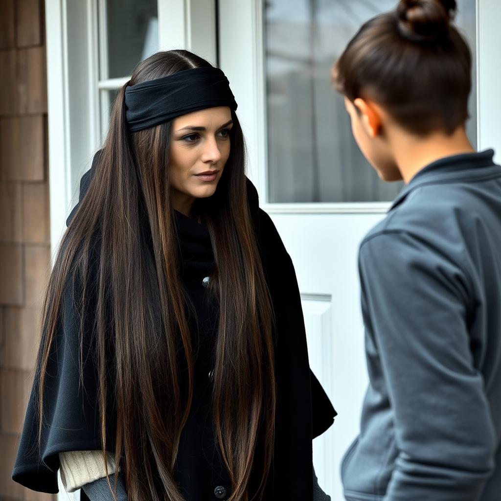 A mother with extremely long, smooth, loose hair adorned with a headband, wearing a black winter cloak is standing by the door