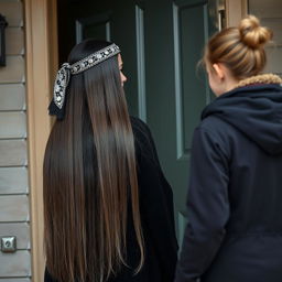 A mother with extremely long, smooth, loose hair adorned with a headband, wearing a black winter cloak is standing by the door