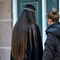 A mother with extremely long, smooth, loose hair adorned with a headband, wearing a black winter cloak is standing by the door