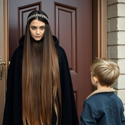 A mother with extremely long, smooth, loose hair adorned with a headband, wearing a black winter cloak is standing by the door