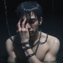 Anime-style man crying, his hand entwined with chains, submerged in deep, dark, murky water, light filtering through the water's surface.