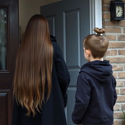 A mother with extremely long, smooth, loose hair, wearing a black winter cloak is standing by the door