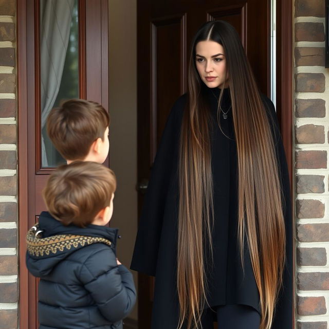 A mother with extremely long, smooth, loose hair, wearing a black winter cloak is standing by the door