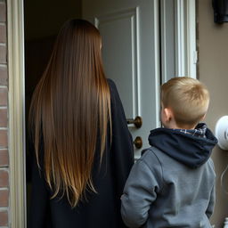 A mother with extremely long, smooth, loose hair, wearing a black winter cloak is standing by the door