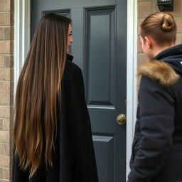 A mother with extremely long, smooth, loose hair, wearing a black winter cloak is standing by the door