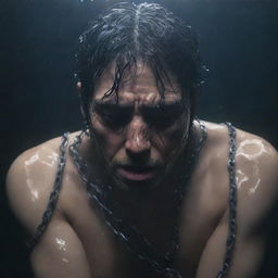 Anime-style man crying, his hand entwined with chains, submerged in deep, dark, murky water, light filtering through the water's surface.