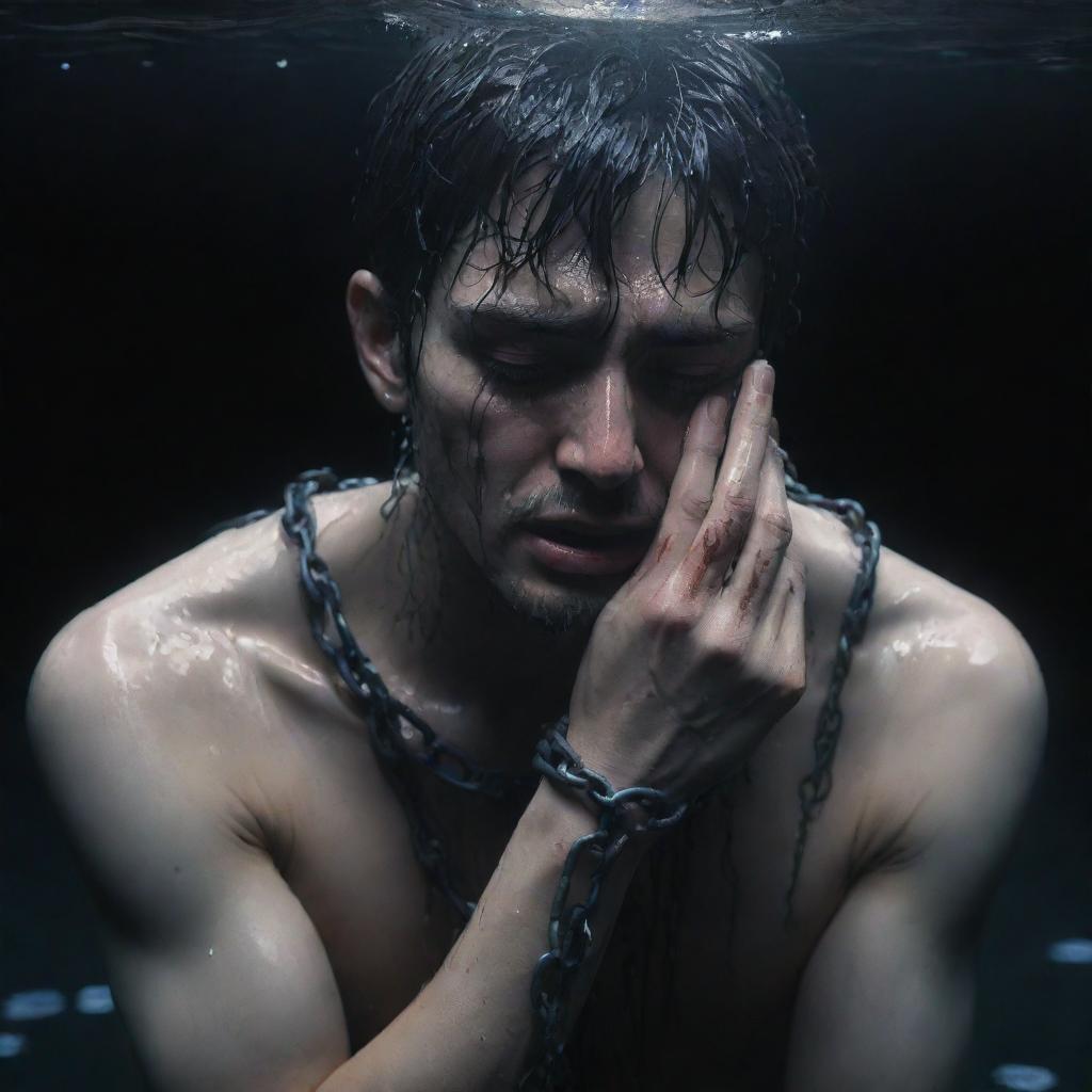 Anime-style man crying, his hand entwined with chains, submerged in deep, dark, murky water, light filtering through the water's surface.