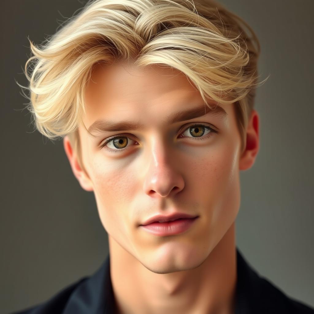 Portrait d'un jeune homme aux cheveux blond clair et aux yeux marron expressifs, dégageant un air de confiance et de charme