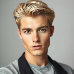 Portrait d'un jeune homme aux cheveux blond clair et aux yeux marron expressifs, dégageant un air de confiance et de charme