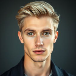 Portrait d'un jeune homme aux cheveux blond clair et aux yeux marron expressifs, dégageant un air de confiance et de charme