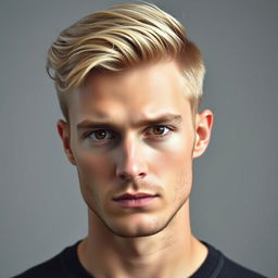 Portrait d'un jeune homme aux cheveux blond clair et aux yeux marron expressifs, dégageant un air de confiance et de charme