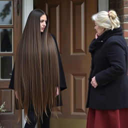 A mother with extremely long, smooth, loose hair, wearing a black winter cloak stands by the door