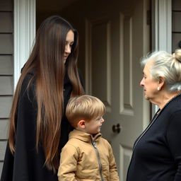 A mother with extremely long, smooth, loose hair, wearing a black winter cloak stands by the door