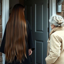 A mother with extremely long, smooth, loose hair, wearing a black winter cloak stands by the door