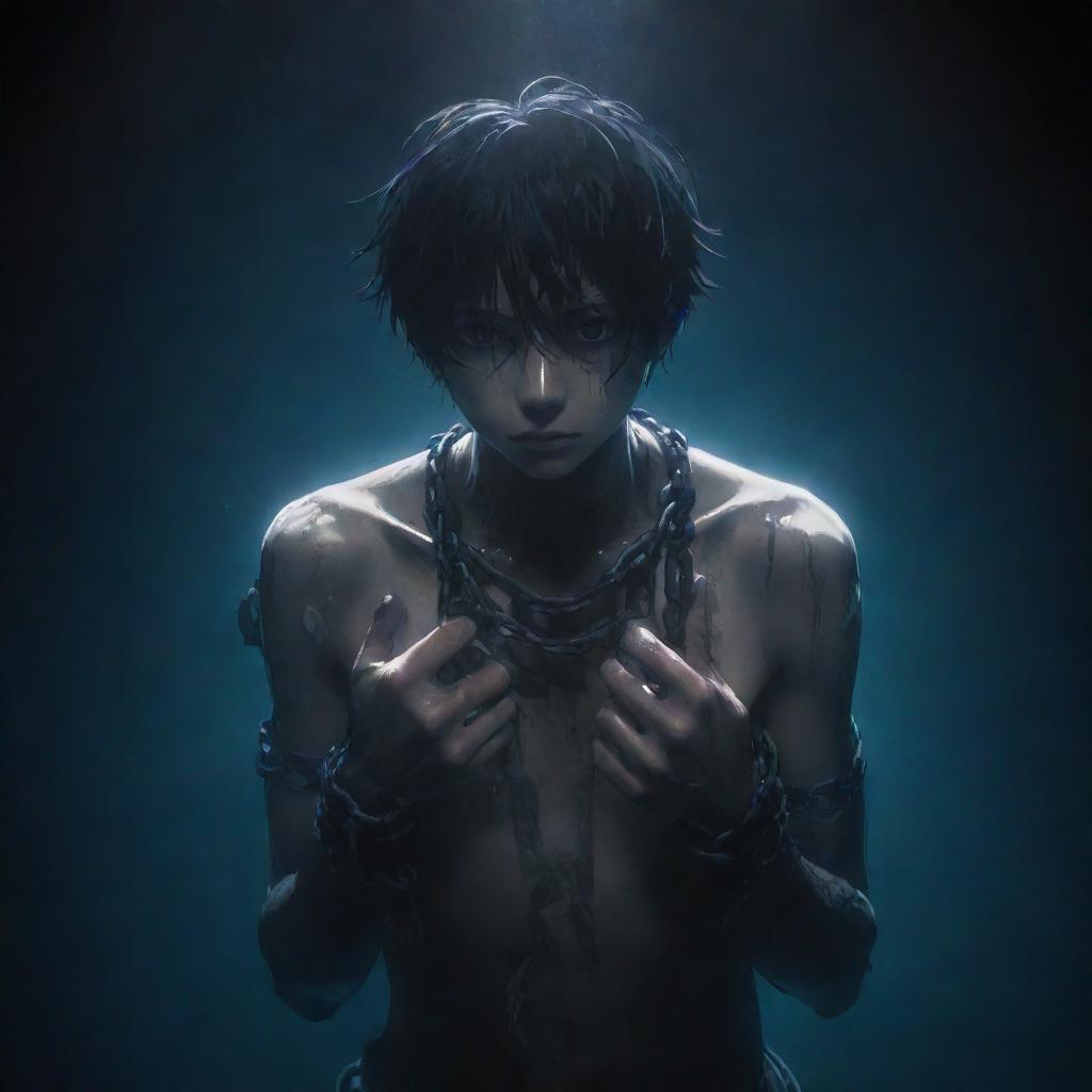 A distressed anime boy, his hand entangled in chains, submerged in the profound darkness of an underwater abyss, light barely piercing the surface above.