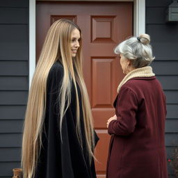 A mother with extremely long, smooth, loose hair, wearing a black winter cloak stands by the door