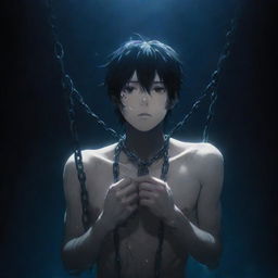 A distressed anime boy, his hand entangled in chains, submerged in the profound darkness of an underwater abyss, light barely piercing the surface above.