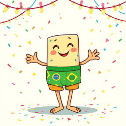 A charming illustrated character of a Brazilian Brigadeiro wearing colorful boxer shorts, with a playful smile and bright eyes, surrounded by colorful confetti