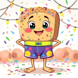 A charming illustrated character of a Brazilian Brigadeiro wearing colorful boxer shorts, with a playful smile and bright eyes, surrounded by colorful confetti